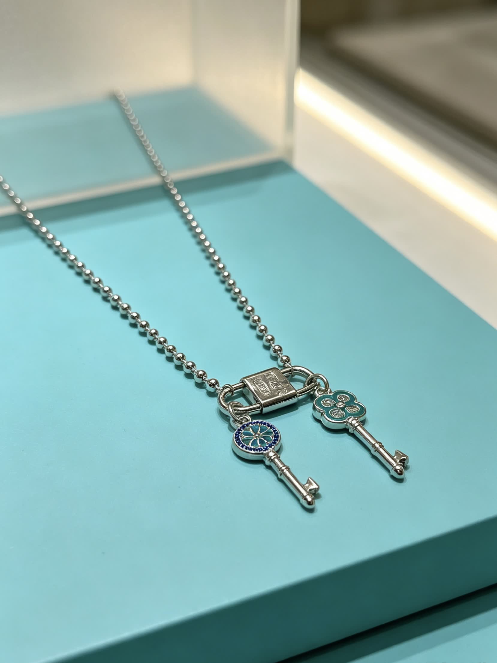 Tiffany & Co. Blue Enamel Lock and Key Necklace